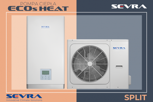 W pompie ciepła SEVRA ECOs HEAT Split dwie odrębne jednostki: wewnętrzna i zewnętrzna połączone są ze sobą instalacją z czynnikiem chłodniczym.